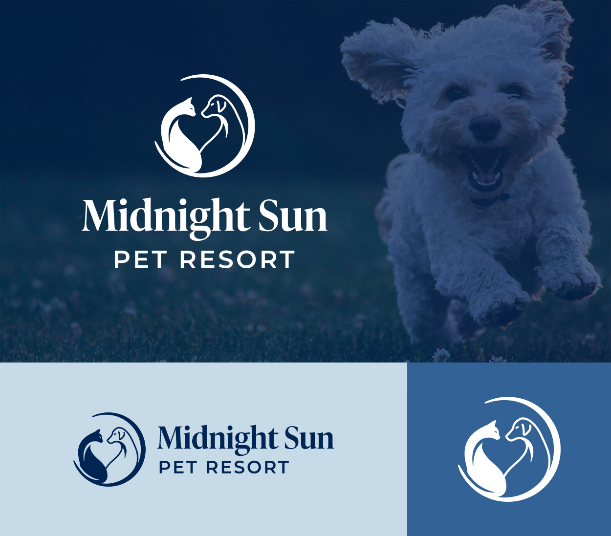 Midnight Sun Pet Resort Logo Shown in the Three Different Layout Variations