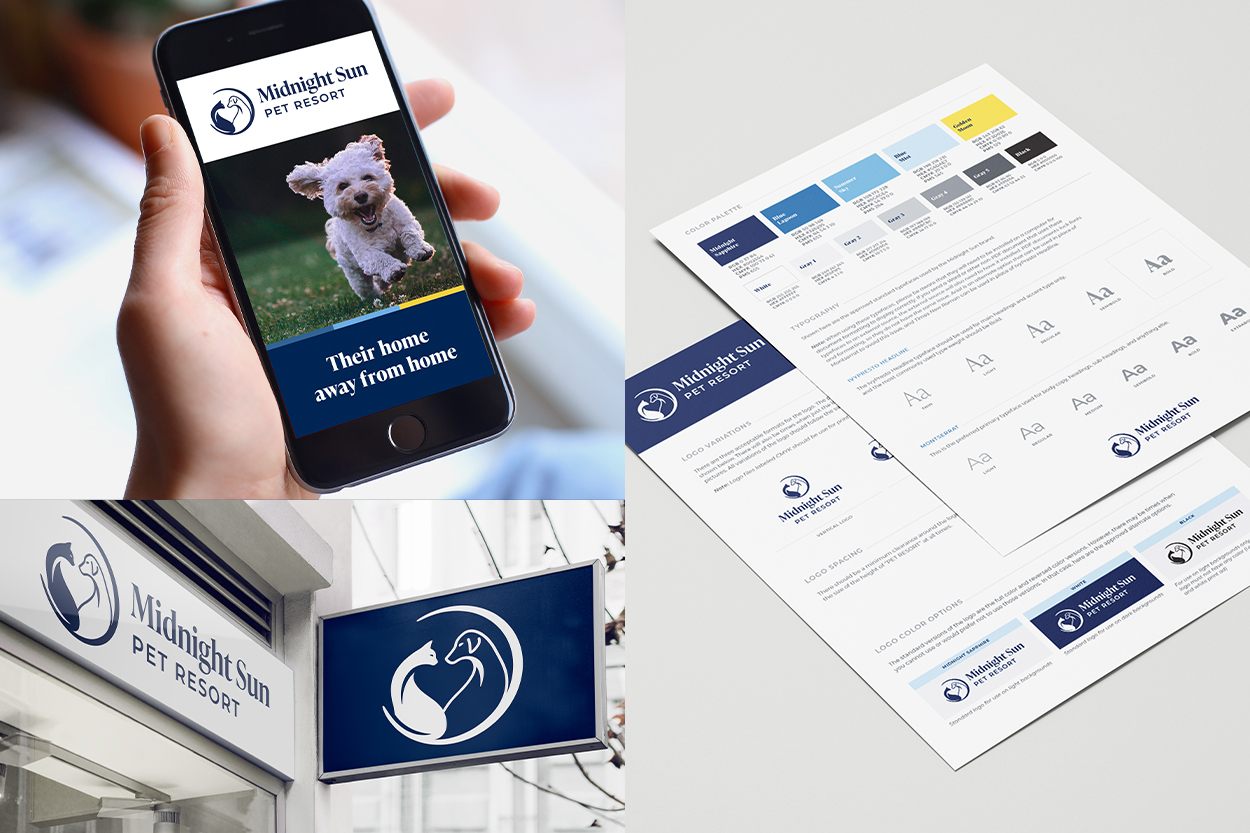 Midnight Sun Brand Guidelines, Mobile Website Mockup, and Building Signage