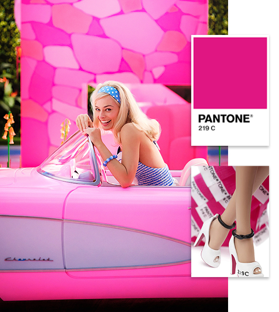 Photo from the Barbie Movie and Barbie Pantone color 219C