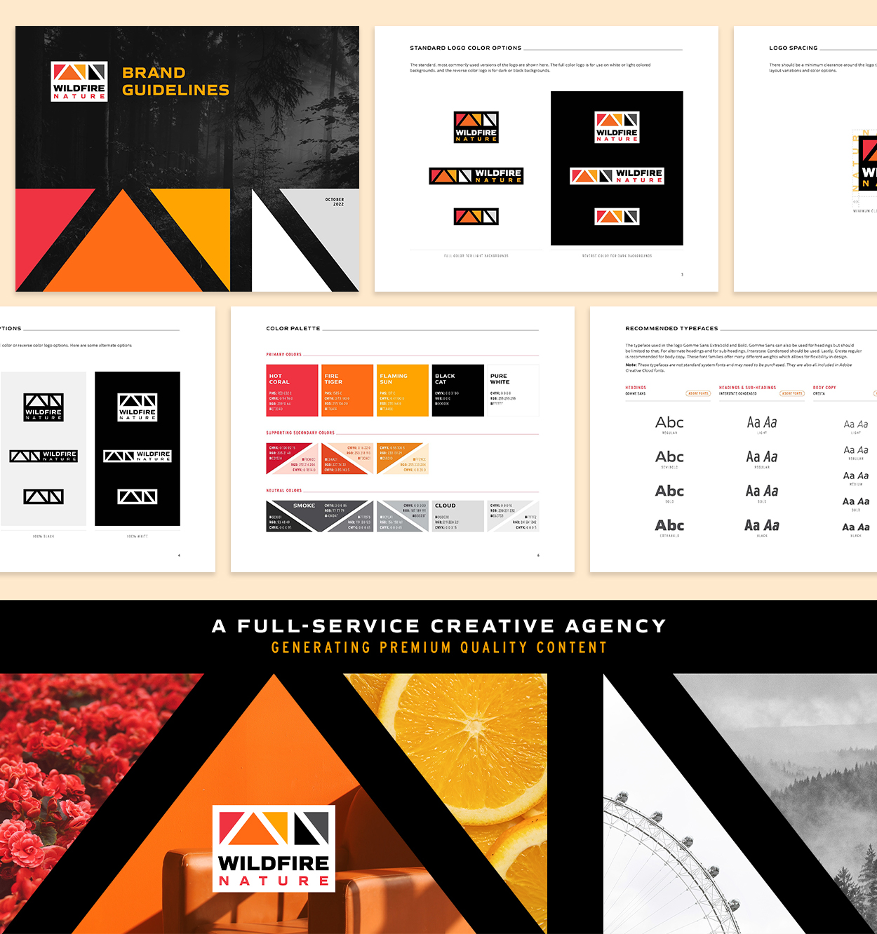 Wildfire Nature brand guidelines document and an image using brand graphics